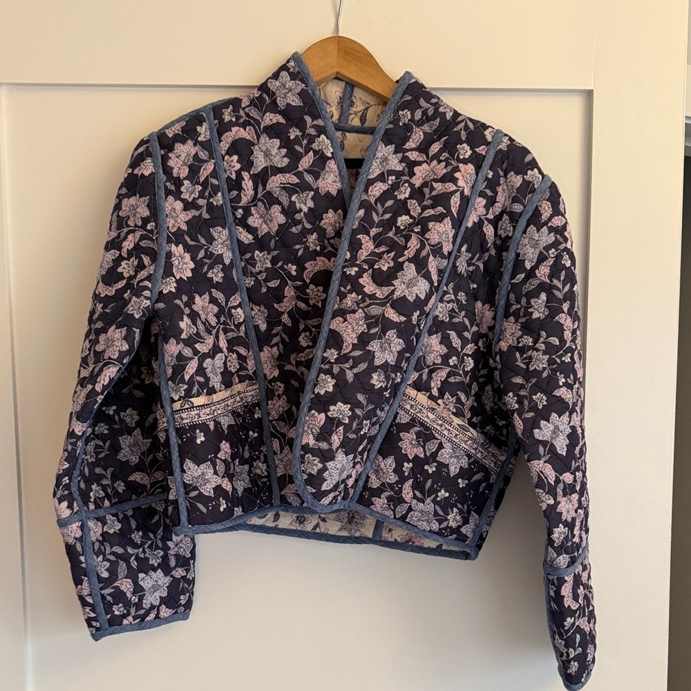 & Other Stories Navy Quilted Floral Cropped Jacket with Pink Flowers